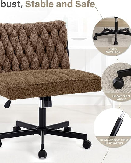 Criss Cross Legged Office Desk Chair with Wheels, Modern Armless Desk Chair with Wide Seat, Home Office Chair for Work, Meditation, Vanity, Brown - LeafyLoom