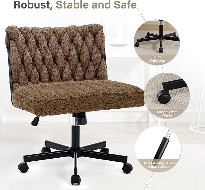 Criss Cross Legged Office Desk Chair with Wheels, Modern Armless Desk Chair with Wide Seat, Home Office Chair for Work, Meditation, Vanity, Brown - LeafyLoom