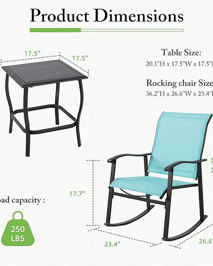 Shintenchi 3 Piece Rocking Bistro Set, Outdoor Furniture with Rocker Chairs and Glass coffee table set of 3, Balcony, Porch Furniture for Small Space, Blue - LeafyLoom