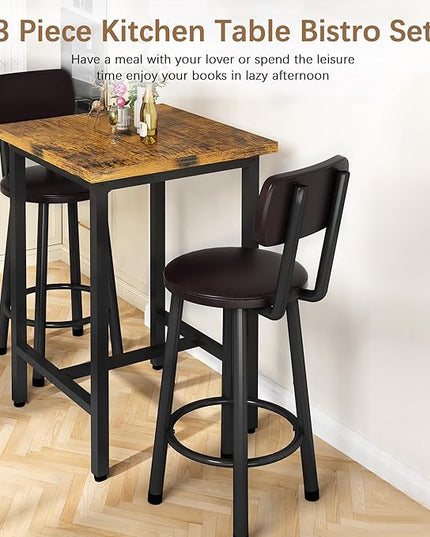 Recaceik 3 Piece Pub Dining Set, Modern bar Table and Stools for 2 Kitchen Counter Height Wood Top Bistro Easy Assemble for Breakfast Nook Living Room Small Space Restaurant, Rustic Brown 24” - LeafyLoom