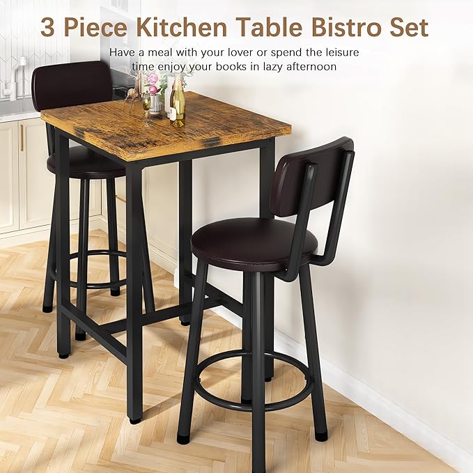 Recaceik 3 Piece Pub Dining Set, Modern bar Table and Stools for 2 Kitchen Counter Height Wood Top Bistro Easy Assemble for Breakfast Nook Living Room Small Space Restaurant, Rustic Brown 24” - LeafyLoom