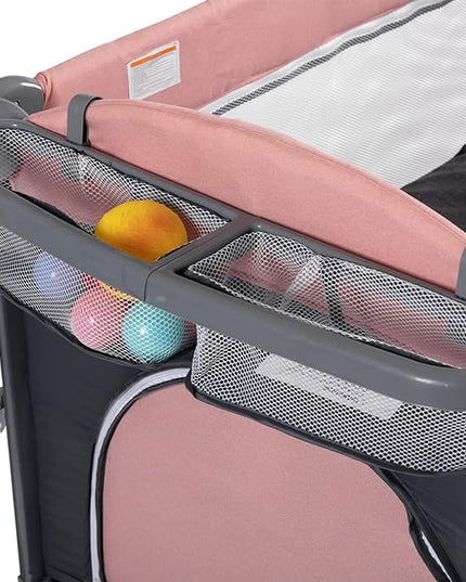 5 in 1 Baby Crib, Bedside Cribs, Pack and Play with Bassinet and Changing Table, Portable Travel Baby Playpen with Toys & Music Box,Mattress for Girl Boy Infant Newborn (Pink) - LeafyLoom