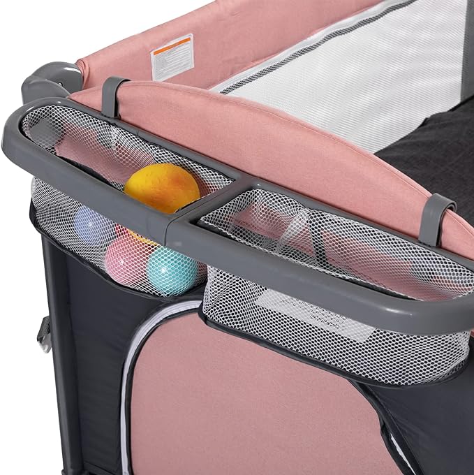5 in 1 Baby Crib, Bedside Cribs, Pack and Play with Bassinet and Changing Table, Portable Travel Baby Playpen with Toys & Music Box,Mattress for Girl Boy Infant Newborn (Pink) - LeafyLoom