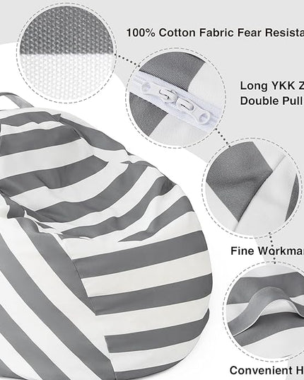 EXQ Home Kids Bean Bag Chairs Cover -Stuffed Animal Bean Bag Storage Grey and White Stripes-Zipper Bean Bag for Organizing Children Plush Toys Holiday Gift for Girl,Boys (2XL) - LeafyLoom