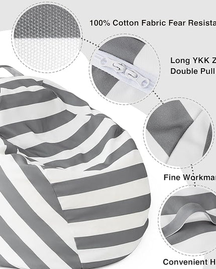 EXQ Home Kids Bean Bag Chairs Cover -Stuffed Animal Bean Bag Storage Grey and White Stripes-Zipper Bean Bag for Organizing Children Plush Toys Holiday Gift for Girl,Boys (XL) - LeafyLoom