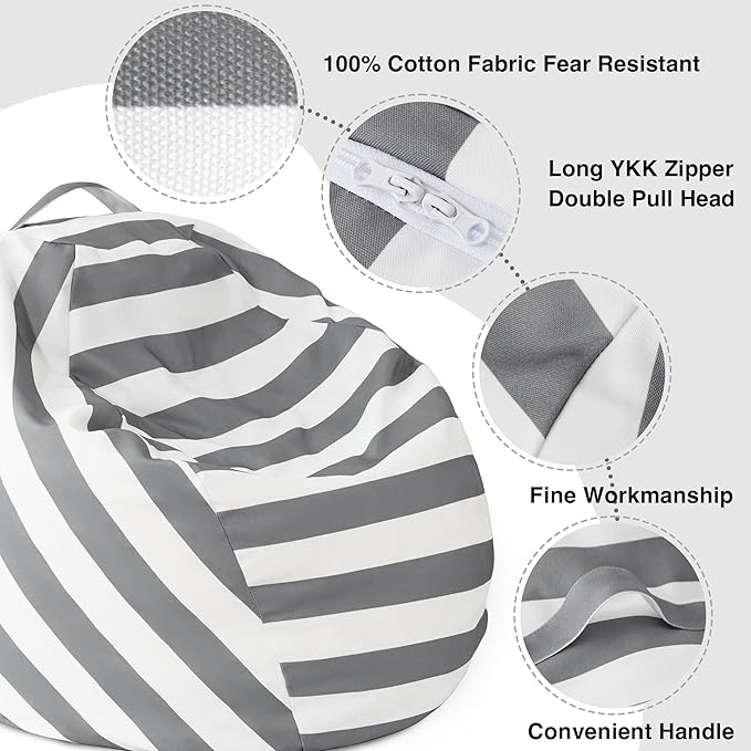 EXQ Home Kids Bean Bag Chairs Cover -Stuffed Animal Bean Bag Storage Grey and White Stripes-Zipper Bean Bag for Organizing Children Plush Toys Holiday Gift for Girl,Boys (XL) - LeafyLoom