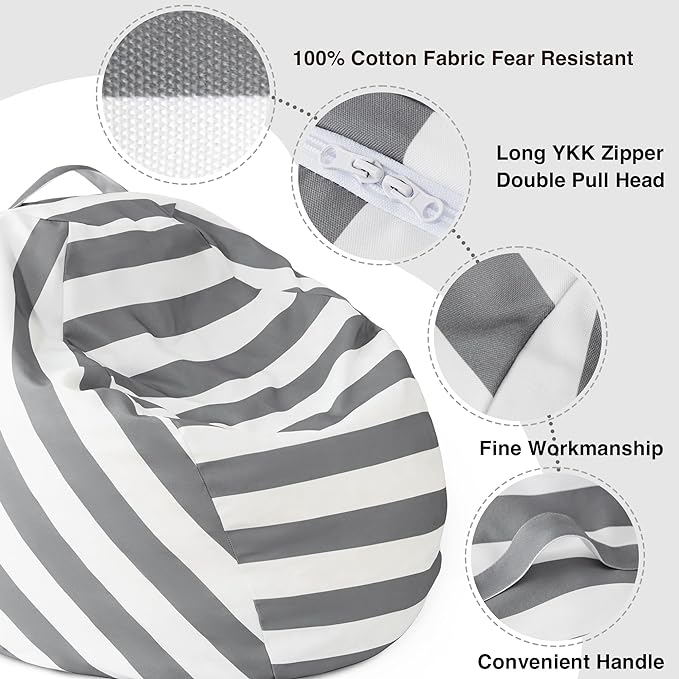 EXQ Home Kids Bean Bag Chairs Cover -Stuffed Animal Bean Bag Storage Grey and White Stripes-Zipper Bean Bag for Organizing Children Plush Toys Holiday Gift for Girl,Boys - LeafyLoom