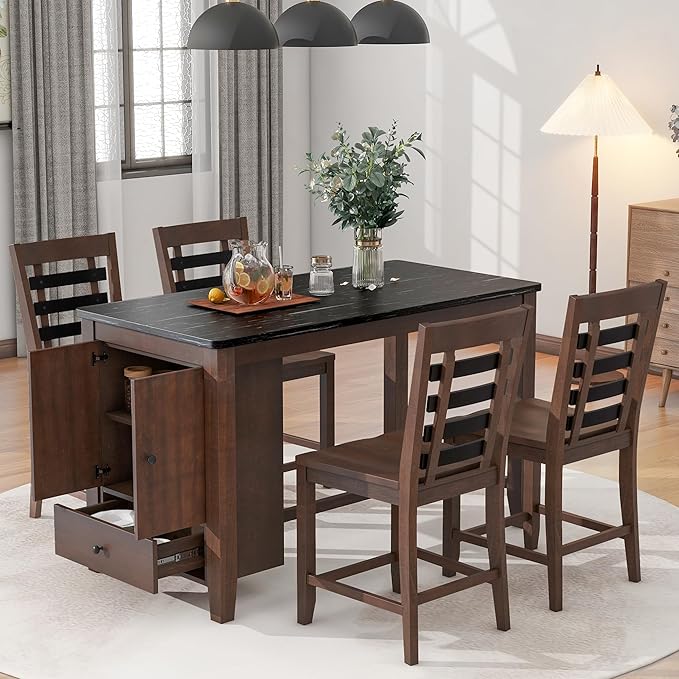 Counter Height Dining 4 with Faux Marble Tabletop, Solid Wood Modern Table Set with Storage Cabinet and Drawer, Dark Walnut - LeafyLoom