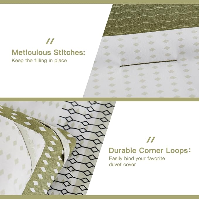 Litanika Olive Green Comforter Set Full - 3 Pieces Lightweight Olive Green White Colorblock Stripe Fluffy Bedding Comforter Sets, All Season Bed Set - LeafyLoom