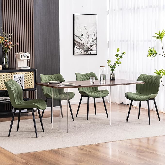 YOUNIKE Dining Chairs Set of 2, Upholstered Faux Leather Kitchen Dining Room Chairs, Modern Living Room Bedroom Side Chairs with Wide Curved Back and Metal Legs, Olive Green - LeafyLoom