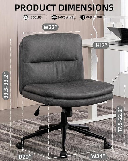 Armless Office Chair with Wheels Wide Desk Chair Leather Mid Back Accent Chair Padded Swivel Vanity Chair for Girl Women Computer Task Chair for Home Office (Leather, Dark Gray/Gray) - LeafyLoom