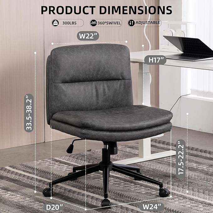 Armless Office Chair with Wheels Wide Desk Chair Leather Mid Back Accent Chair Padded Swivel Vanity Chair for Girl Women Computer Task Chair for Home Office (Leather, Dark Gray/Gray) - LeafyLoom