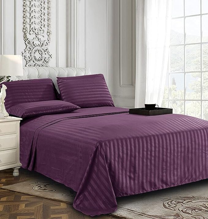 Elegant Comfort Softest and Coziest 4-Piece Sheet Set - 1500 Premium Hotel Quality Microfiber - Luxurious Wrinkle Resistant 4-Piece Damask Stripe Bed Sheet Set, Twin, Eggplant/Purple - LeafyLoom