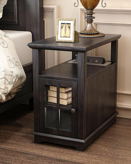 HIFYOBRO Narrow End Table with Flip Top Charging Station and Storage Cabinet, Type-C & USB port & Power outlets, Adjustable Shelf, Side Table with Storage for Living Room and Bedroom - LeafyLoom