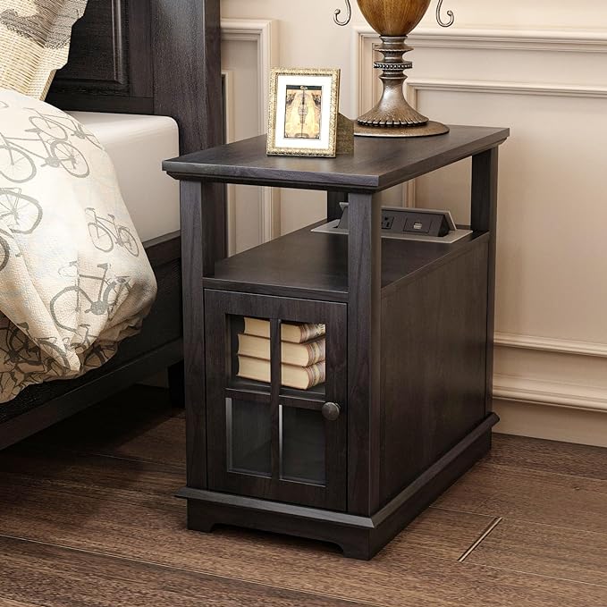 HIFYOBRO Narrow End Table with Flip Top Charging Station and Storage Cabinet, Type-C & USB port & Power outlets, Adjustable Shelf, Side Table with Storage for Living Room and Bedroom - LeafyLoom