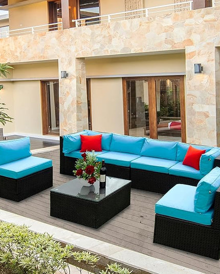 5 Pieces Outdoor Furniture PE Rattan Patio Sectional U Shaped Conversation Sofa Set with Table and 2 Pillows for Garden, Yark, Lawn, Backyard, Onesize, Black Wicker+Blue Cushion - LeafyLoom