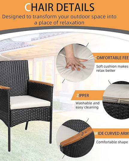 Shintenchi 4-Piece Patio Furniture Set, Outdoor Wicker Patio Conversation Furniture Set with Cushions and Wooden Tabletop for Paito Lawn Backyard, White Cushion - LeafyLoom