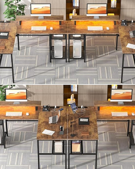 Unikito L Shaped Desk with USB Charging Port and Power Outlet, Reversible L-Shaped Corner Computer Desk with Storage Shelves, Industrial 2 Person Gaming Table Modern Home Office Desk, Rustic Brown - LeafyLoom