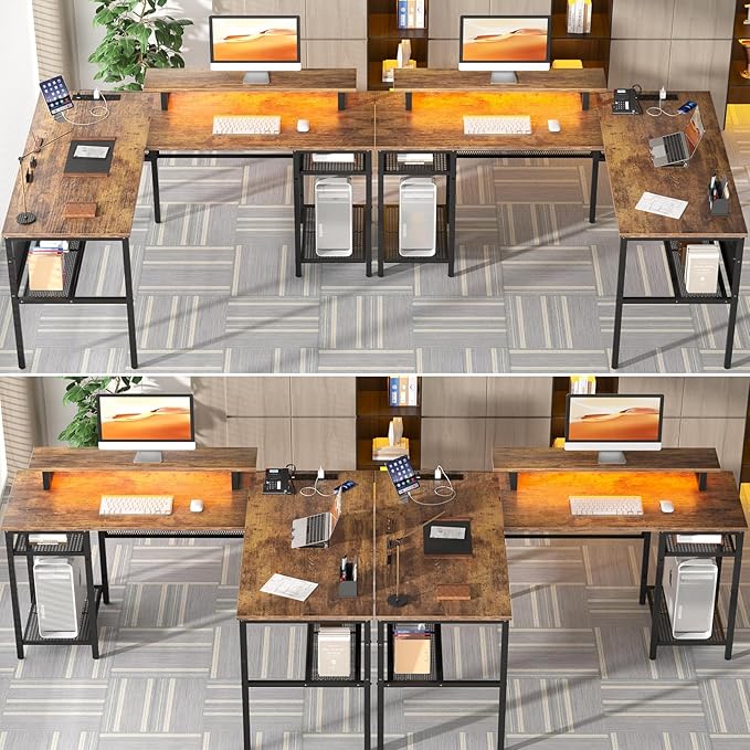 Unikito L Shaped Desk with USB Charging Port and Power Outlet, Reversible L-Shaped Corner Computer Desk with Storage Shelves, Industrial 2 Person Gaming Table Modern Home Office Desk, Rustic Brown - LeafyLoom
