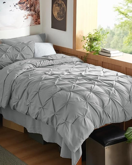 Bedsure Twin XL Comforter Set - Extra Long 5 Pieces Dorm Bedding Sets, Pinch Pleat Grey Bed in a Bag with Comforter, Sheets, Pillowcase & Sham - LeafyLoom
