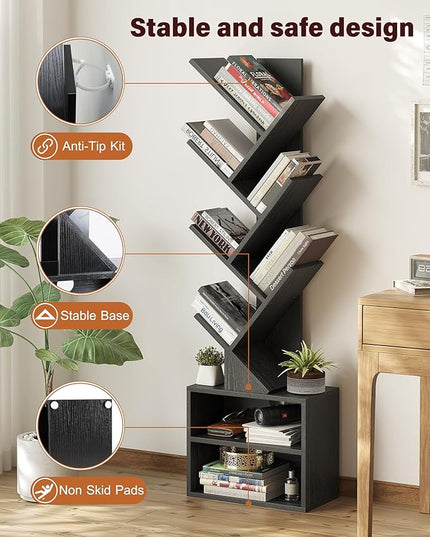 SUNMORY 6 Tier Tree Bookshelf, Small Bookcase with Storage Cabinet, Modern Narrow Bookshelves Organizer, Floor Standing Book Shelf for Bedroom/Living Room/Home Office/Corner, Black - LeafyLoom