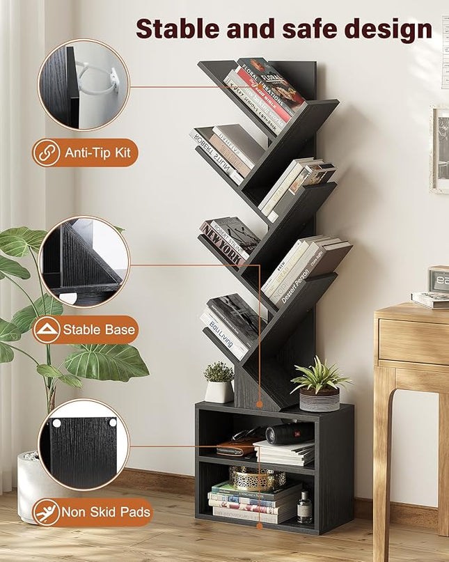 SUNMORY 6 Tier Tree Bookshelf, Small Bookcase with Storage Cabinet, Modern Narrow Bookshelves Organizer, Floor Standing Book Shelf for Bedroom/Living Room/Home Office/Corner, Black - LeafyLoom