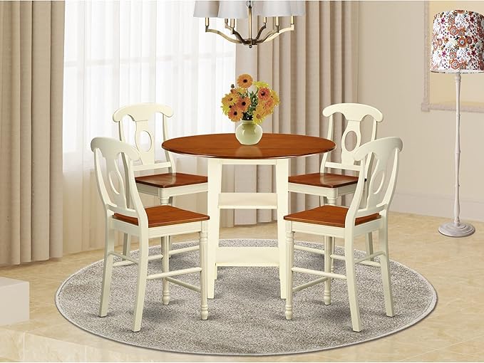 East West Furniture SUKE5-LWH-W Sudbury 5 Piece Room Furniture Set Includes a Round Kitchen Table with Dropleaf & Shelves and 4 Dining Chairs, 42x42 Inch - LeafyLoom