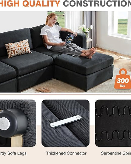 Sweetcrispy Convertible Modular Sectional Sofa, 5 Seat Sectional Couches for Living Room, L-Shaped Modern Fabric Modular Sofa Sleeper with Double Chaise for Home, Apartment, Dorm, Dark Grey - LeafyLoom