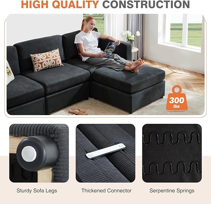 Sweetcrispy Convertible Modular Sectional Sofa, 5 Seat Sectional Couches for Living Room, L-Shaped Modern Fabric Modular Sofa Sleeper with Double Chaise for Home, Apartment, Dorm, Dark Grey - LeafyLoom