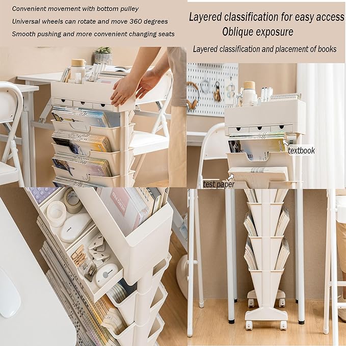 6 Tier Rolling Cart,Open Bookcase and Bookshelf,Mobile Bookshelf with Wheels 3 Drawer,Storage Shelving Display Shelves,Narrow Rolling Storage Cart for Living Room, Bedroom, Kitchen (Pink) - LeafyLoom