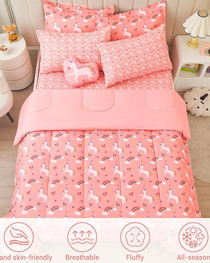 Mooreeke Full Size Comforter Sets for Girls Kids, 8 Pieces Bed in a Bag Pink Unicorn Rainbow Bedding Comforter Sheet Set with Shams and Decorative Toy Pillow, Ultral Soft Microfiber Kids Bed Set - LeafyLoom