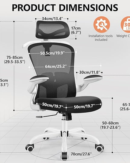 FelixKing Office Chair with Headrest, Ergonomic Desk Chair with Wheels, Task Swivel Comfy Chair with Adjustable Lumbar Support, Breathable Mesh Computer Chair with flip-up Armrests (White) - LeafyLoom