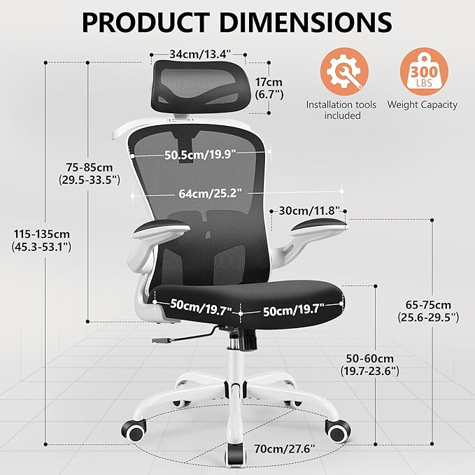 FelixKing Office Chair with Headrest, Ergonomic Desk Chair with Wheels, Task Swivel Comfy Chair with Adjustable Lumbar Support, Breathable Mesh Computer Chair with flip-up Armrests (White) - LeafyLoom