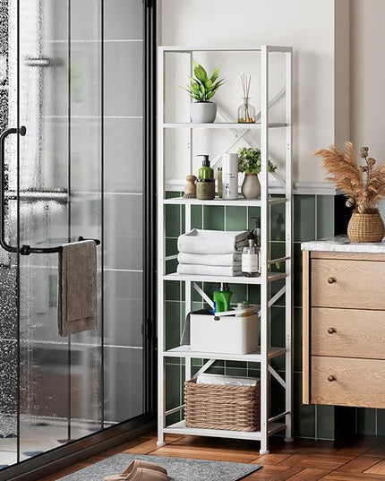 Furologee White Tall Bookshelf, Narrow Bookcase with 6 Shelves, Modern Freestanding Shelf Units, Metal and Wood Display Storage Corner Rack Organizer for Living Room, Home Office, Hallway, Bathroom - LeafyLoom