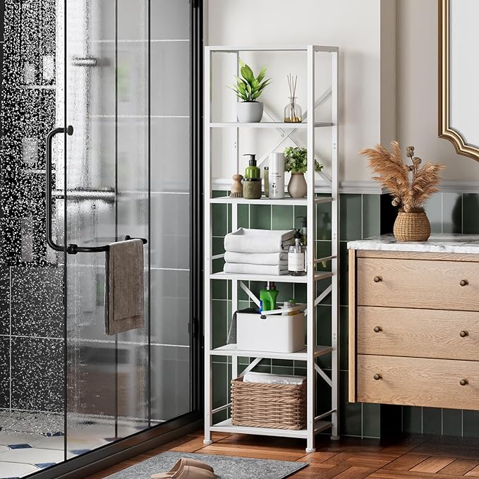 Furologee White Tall Bookshelf, Narrow Bookcase with 6 Shelves, Modern Freestanding Shelf Units, Metal and Wood Display Storage Corner Rack Organizer for Living Room, Home Office, Hallway, Bathroom - LeafyLoom