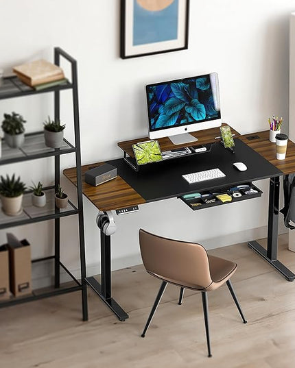 SHW 62-Inch Extra Large Electric Height Adjustable Standing Desk with Monitor Riser and Drawer, 62 x 28 Inches, Walnut - LeafyLoom