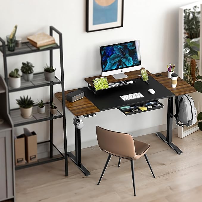 SHW 62-Inch Extra Large Electric Height Adjustable Standing Desk with Monitor Riser and Drawer, 62 x 28 Inches, Walnut - LeafyLoom