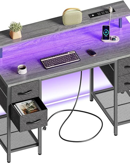 47 inch Computer Desk with 4 Drawers, Gaming Desk with LED Lights & Power Outlets, Home Office Desk with Large Storage Space for Bedroom, Work from Home, Gray - LeafyLoom