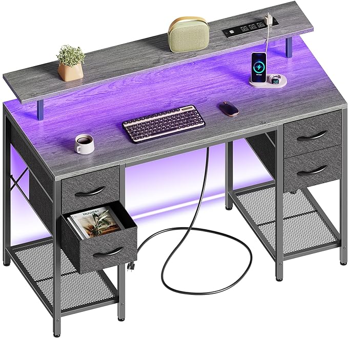 47 inch Computer Desk with 4 Drawers, Gaming Desk with LED Lights & Power Outlets, Home Office Desk with Large Storage Space for Bedroom, Work from Home, Gray - LeafyLoom