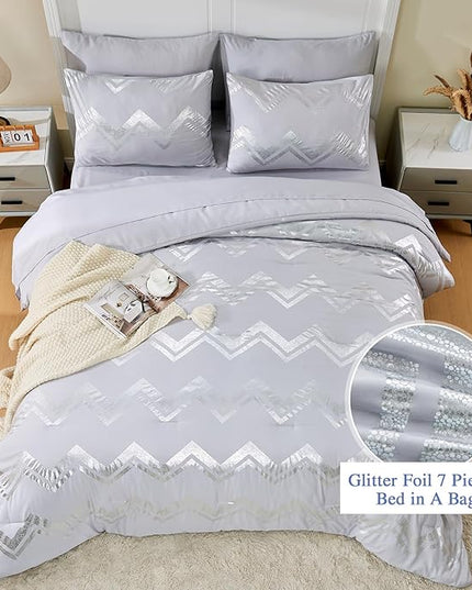 Wowelife 7 Pieces Silver Grey Comforter Set Queen Size Glitter Foil Gray Bedding Set Full Kids Bedroom Comforter Sets with Comforter, Flat Sheet, Fitted Sheet, 2 Pillowcases and 2 Pillow Shams - LeafyLoom
