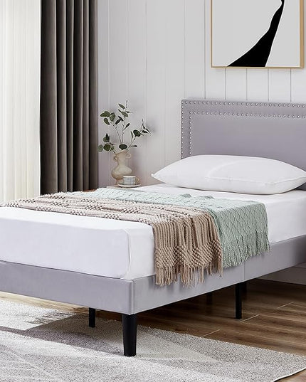 VECELO Twin Size Platform Bed Frame with Adjustable Upholstered Headboard, Modern Mattress Foundation, Strong Wood Slat Support, No Box Spring Needed, Easy Assembly - LeafyLoom