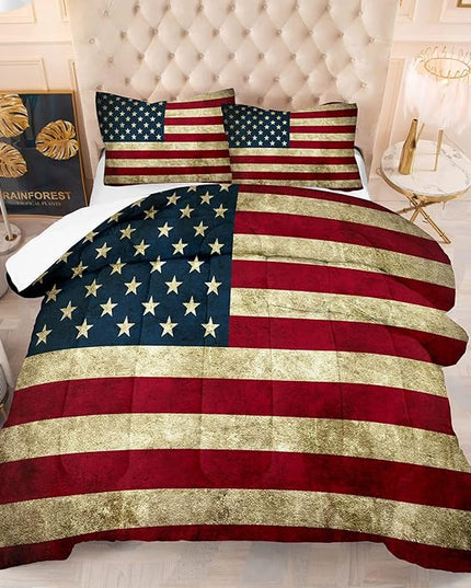 Tailor Shop American Flag Comforter Set for Boys Kids Teens American Flag Pattern Bedding Set King Size with 1 Comforter 2 Pillowcases - LeafyLoom