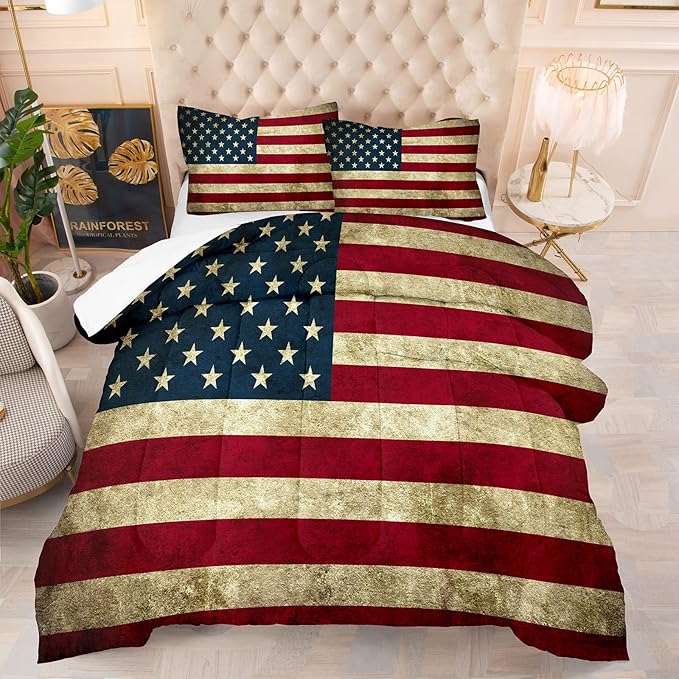 Tailor Shop American Flag Comforter Set for Boys Kids Teens American Flag Pattern Bedding Set King Size with 1 Comforter 2 Pillowcases - LeafyLoom