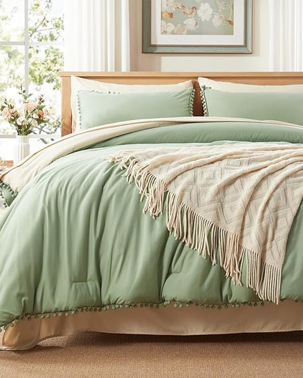 Anluoer King Comforter Set 7 Piece, Sage Green Bed in a Bag with Sheets, Pom Pom Boho Bedding Comforter Sets with 1 Comforter, 2 Pillow Shams, 2 Pillowcases, 1 Flat Sheet, 1 Fitted Sheet - LeafyLoom