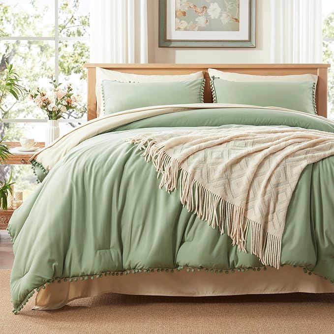 Anluoer Full Comforter Set 7 Piece, Sage Green Bed in a Bag with Sheets, Pom Pom Boho Bedding Comforter Sets with 1 Comforter, 2 Pillow Shams, 2 Pillowcases, 1 Flat Sheet, 1 Fitted Sheet - LeafyLoom
