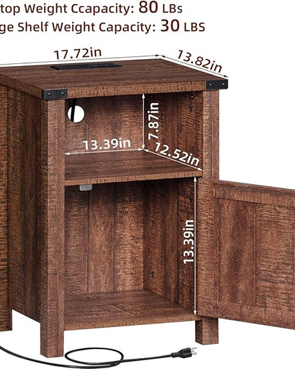 Night Stand with Charging Station and USB Port, 18 Inch Farmhouse Nightstand with Storage Shelf, Rustic Wood Bedside Table with Magnetic Door, Bed Side Tables for Bedroom, Reclaimed Barnwood - LeafyLoom