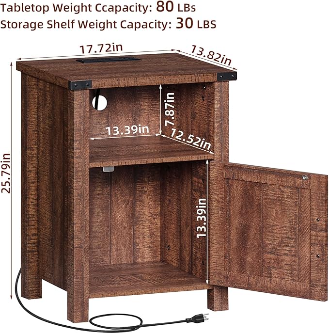 Night Stand with Charging Station and USB Port, 18 Inch Farmhouse Nightstand with Storage Shelf, Rustic Wood Bedside Table with Magnetic Door, Bed Side Tables for Bedroom, Reclaimed Barnwood - LeafyLoom