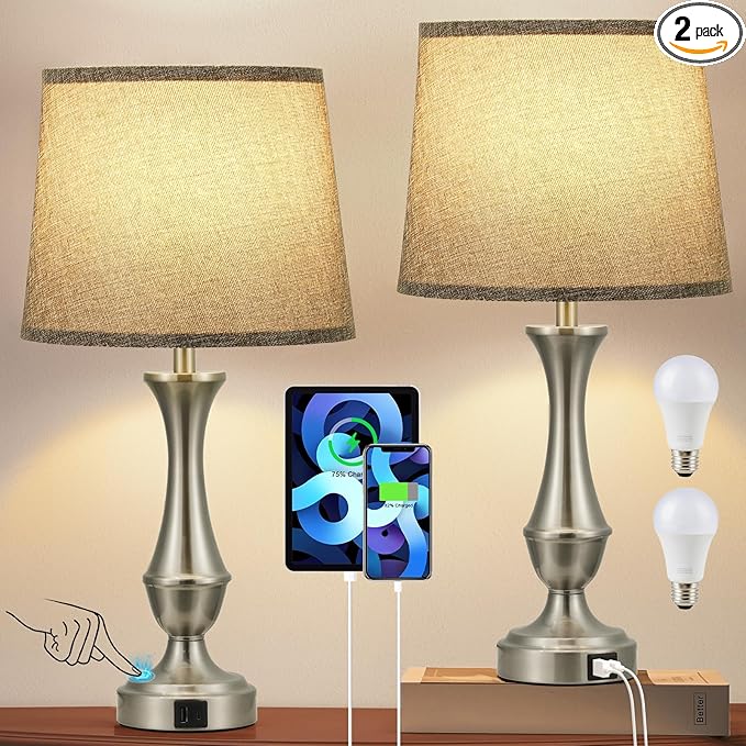 Touch Lamps for Bedrooms Set of 2 - Nightstand Table Lamp with USB C+A, 3 Way Dimmable Bedside Lamps for Living Room End Tables Set of 2, Farmhouse Night Stand Lamps(Grey&Nickel) - LeafyLoom