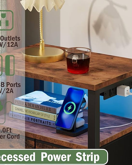 Furnulem 4 Drawer Night Stand with Charging Station, Small Dresser with Led Light, 33 Inch Bedside Table with Wood Shelf and Fabric Bins, Tall Nightstand for Entryway, Bedroom Furniture, Rustic Brown - LeafyLoom