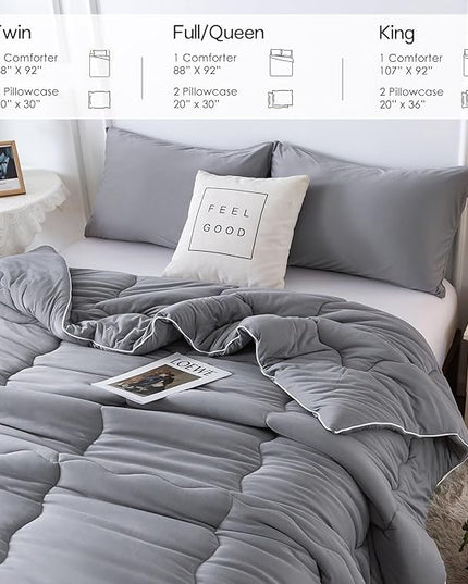 COTTEBED Ultra-Soft Comforter Set Queen/Full Size Bed, Jersey Knit T-Shirt Feeling Fluffy Cozy Comy Durable Lightweight Quilt Bedding Down Blanket & 2 Pillowcase for All Season Use, Dark Grey - LeafyLoom